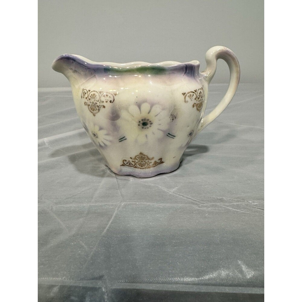 Vintage Bavaria Hand Painted Creamer Pitcher Floral Gold Trim Scalloped Rim